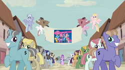 Size: 1279x720 | Tagged: safe, edit, edited screencap, screencap, character:applejack, character:fluttershy, character:pinkie pie, character:rainbow dash, character:rarity, character:starlight glimmer, character:twilight sparkle, character:twilight sparkle (alicorn), species:alicorn, episode:the cutie map, equestria girls:friendship games, g4, my little pony: equestria girls, my little pony: friendship is magic, my little pony:equestria girls, equal town banner, equal town banner meme, group shot, hasbro, in our town, mane six, meme, my little pony logo