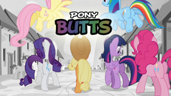 Size: 1440x810 | Tagged: safe, edit, edited screencap, screencap, character:applejack, character:fluttershy, character:pinkie pie, character:rainbow dash, character:rarity, character:twilight sparkle, character:twilight sparkle (alicorn), species:alicorn, species:pony, butts, equal cutie mark, female, flying, i watch it for the plot, image macro, mane six, mare, meme, plot, raised leg, spread wings, walking, wings