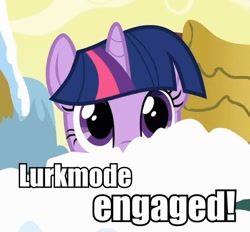Size: 600x556 | Tagged: safe, edit, edited screencap, screencap, character:twilight sparkle, character:twilight sparkle (unicorn), species:pony, species:unicorn, episode:winter wrap up, g4, my little pony: friendship is magic, female, image macro, lurking, mare, reaction image, solo, text