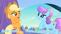 Size: 960x540 | Tagged: safe, edit, edited screencap, screencap, character:applejack, character:sapphire joy, species:crystal pony, species:pony, episode:the crystal empire, g4, my little pony: friendship is magic, bipedal, bipedal leaning, blue text, image macro, leaning, meme, starstruck