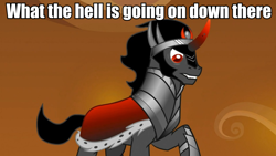 Size: 960x540 | Tagged: safe, edit, edited screencap, screencap, character:king sombra, caption, dialogue, frown, gritted teeth, image macro, looking down, male, meme, raised hoof, solo