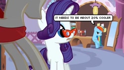 Size: 600x338 | Tagged: safe, edit, edited screencap, screencap, character:rainbow dash, character:rarity, episode:suited for success, g4, my little pony: friendship is magic, 20% cooler, art of the dress, dialogue, duo, glasses, mannequin, quote, speech bubble