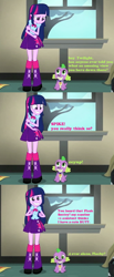 Size: 616x1500 | Tagged: safe, edit, edited screencap, screencap, character:spike, character:twilight sparkle, species:dog, ship:twispike, equestria girls:rainbow rocks, g4, my little pony: equestria girls, my little pony:equestria girls, caption, clothing, comic, eyes on the prize, female, flash hate, flirting, forever alone, looking at you, male, meme, screencap comic, shipping, skirt, smiling, spike the dog, straight, text