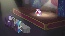 Size: 1920x1080 | Tagged: safe, edit, edited screencap, screencap, character:dj pon-3, character:octavia melody, character:rarity, character:sweetie belle, character:vinyl scratch, episode:bloom and gloom, g4, my little pony: friendship is magic, microphone, spotlight, sweetie derelle, wallpaper