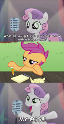 Size: 870x1674 | Tagged: safe, edit, edited screencap, screencap, character:scootaloo, character:sweetie belle, species:pegasus, species:pony, species:unicorn, episode:bloom and gloom, g4, my little pony: friendship is magic, bad sweetie belle joke, duo, female, filly, foal, kung pow, master pain, meme, screencap comic, unamused