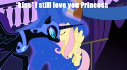 Size: 850x470 | Tagged: safe, edit, edited screencap, screencap, character:fluttershy, character:nightmare moon, character:princess luna, ship:fluttermoon, caption, female, kissing, lesbian, shipping, smooch