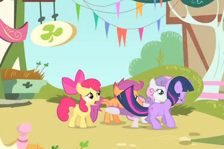 Size: 450x300 | Tagged: safe, edit, screencap, character:apple bloom, character:scootaloo, character:sweetie belle, character:twilight sparkle, character:twilight sparkle (unicorn), species:earth pony, species:pegasus, species:pony, species:unicorn, episode:the cutie mark chronicles, g4, my little pony: friendship is magic, animated, bow, cropped, cute, cutie mark crusaders, excited, female, filly, hair bow, looking up, mare, open mouth, pronking, twiabetes, yes yes yes