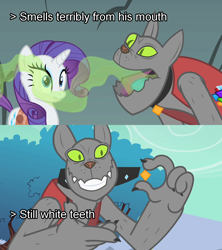 Size: 1280x1440 | Tagged: safe, edit, edited screencap, screencap, character:rarity, character:rover, species:diamond dog, episode:a dog and pony show, g4, my little pony: friendship is magic, bad breath, breath, comic, meta, screencap comic, smelly, teeth