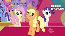 Size: 1280x720 | Tagged: safe, edit, edited screencap, screencap, character:applejack, character:carrot top, character:cherry berry, character:derpy hooves, character:dizzy twister, character:fluttershy, character:golden harvest, character:linky, character:lyra heartstrings, character:minuette, character:orange swirl, character:princess celestia, character:rarity, character:shoeshine, character:twinkleshine, species:pegasus, species:pony, episode:the return of harmony, g4, my little pony: friendship is magic, animation error, cocaine, cocaine is a hell of a drug, drugs, faec, female, great moments in animation, hub logo, image macro, mare, meme, no eyelashes, rarieyes, rerity, the hub, vulgar