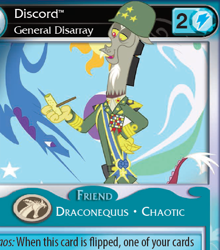 Size: 418x474 | Tagged: safe, edit, edited screencap, screencap, character:discord, species:draconequus, episode:twilight's kingdom, g4, my little pony: friendship is magic, absolute discord, bubble pipe, card, ccg, clothing, corncob pipe, enterplay, general discord, helmet, male, patton, pipe, uniform