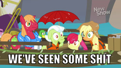 Size: 1280x720 | Tagged: safe, edit, edited screencap, screencap, character:apple bloom, character:applejack, character:big mcintosh, character:granny smith, species:earth pony, species:pony, episode:pinkie apple pie, g4, my little pony: friendship is magic, caption, female, filly, i've seen some shit, image macro, male, mare, meme, stallion, text, vulgar, we've seen some shit