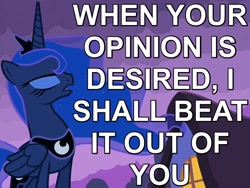Size: 640x480 | Tagged: safe, edit, edited screencap, screencap, character:princess luna, species:alicorn, species:pony, episode:luna eclipsed, g4, my little pony: friendship is magic, caption, eyes closed, female, image macro, mare, reaction image, solo, text