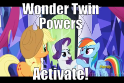 Size: 800x533 | Tagged: safe, edit, edited screencap, screencap, character:applejack, character:rainbow dash, character:rarity, episode:castle sweet castle, g4, my little pony: friendship is magic, image macro, lightly watermarked, meme, super friends, watermark, wonder twins