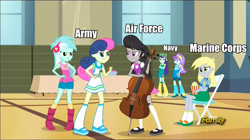 Size: 961x540 | Tagged: safe, edit, edited screencap, screencap, character:aqua blossom, character:blueberry cake, character:bon bon, character:derpy hooves, character:lyra heartstrings, character:octavia melody, character:sweetie drops, equestria girls:rainbow rocks, g4, my little pony: equestria girls, my little pony:equestria girls, background human, blueberry cake, image macro, inside joke, meme, metaphor, op is a duck, op is trying to start shit, united states military