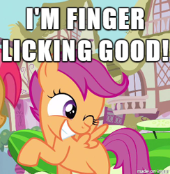 Size: 319x327 | Tagged: safe, edit, edited screencap, screencap, character:babs seed, character:scootaloo, species:pegasus, species:pony, cannibalism joke, caption, female, filly, finger licking good, image macro, implied cannibalism, innuendo, kfc, meme, scootachicken, wink