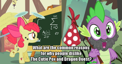 Size: 1287x672 | Tagged: safe, edit, edited screencap, screencap, character:apple bloom, character:spike, species:dragon, species:earth pony, species:pony, episode:dragon quest, episode:the cutie pox, g4, my little pony: friendship is magic, beard, bindle, caption, chalk, chalkboard, cutie pox, equation, facial hair, fake beard, fake cutie mark, female, filly, loop-de-hoop, male, math, meta, mouth hold, multiple cutie marks, plate spinning