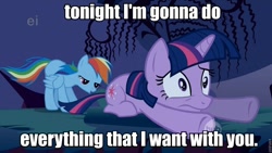 Size: 960x540 | Tagged: safe, edit, edited screencap, screencap, character:rainbow dash, character:twilight sparkle, species:pegasus, species:pony, species:unicorn, ship:twidash, bedroom eyes, caption, enrique iglesias, female, image macro, lesbian, mare, out of context, song reference, tonight