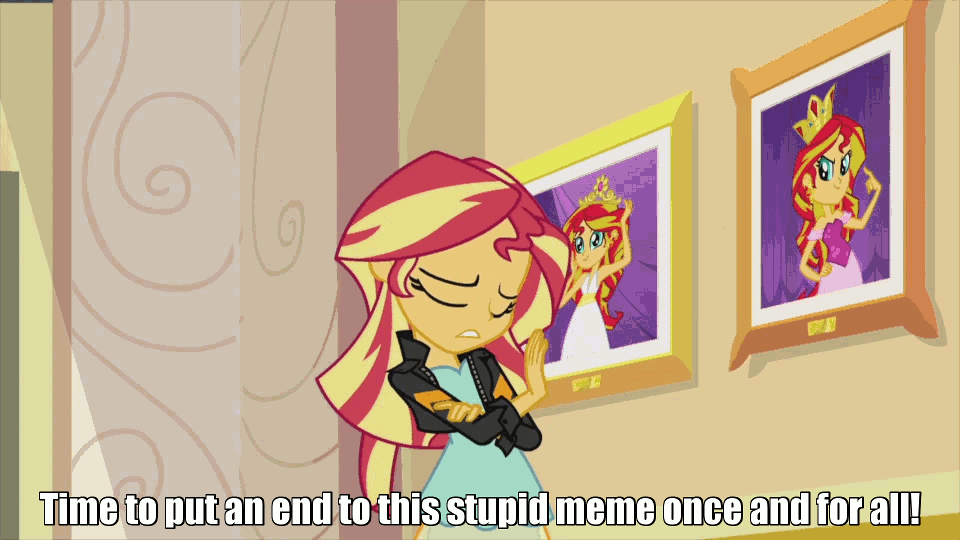 Size: 960x540 | Tagged: safe, edit, edited screencap, screencap, character:sunset shimmer, episode:my past is not today, g4, my little pony: equestria girls, my little pony:equestria girls, animated, exploitable meme, image macro, into the trash it goes, meme, meta, prom queen meme
