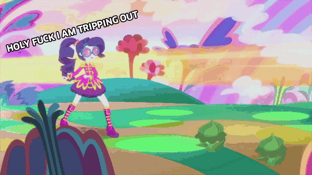 Size: 640x360 | Tagged: safe, edit, edited screencap, screencap, character:rarity, character:sunset shimmer, episode:friendship through the ages, equestria girls:rainbow rocks, g4, my little pony: equestria girls, my little pony:equestria girls, acid, acid trip, animated, caption, flower, sgt. rarity, smoke weed erryday, stoned, the beatles, trippy, vulgar