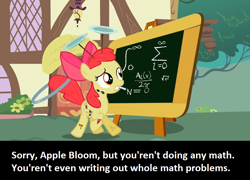 Size: 824x592 | Tagged: safe, edit, edited screencap, screencap, character:apple bloom, episode:the cutie pox, g4, my little pony: friendship is magic, calibri, chalk, chalkboard, fake cutie mark, female, loop-de-hoop, math, meta, mouth hold, multiple cutie marks, plate spinning, solo