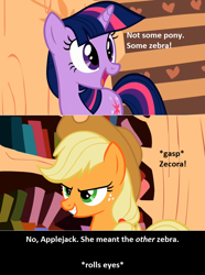 Size: 824x1106 | Tagged: safe, edit, edited screencap, screencap, character:applejack, character:twilight sparkle, episode:the cutie pox, g4, my little pony: friendship is magic, calibri, duo, meta, text