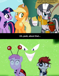 Size: 824x1062 | Tagged: safe, edit, edited screencap, screencap, character:applejack, character:twilight sparkle, character:zecora, species:zebra, episode:luna eclipsed, episode:the cutie pox, g4, my little pony: friendship is magic, calibri, clothing, costume, ladybug, limemare moon, meta, nightmare night costume, pirate costume, text