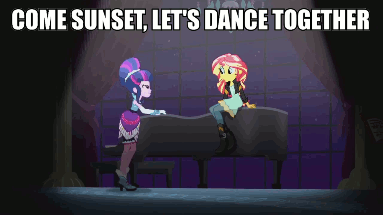 Size: 1280x720 | Tagged: safe, edit, edited screencap, screencap, character:sunset shimmer, character:twilight sparkle, ship:sunsetsparkle, episode:friendship through the ages, g4, my little pony: equestria girls, my little pony:equestria girls, alternate hairstyle, animated, beehive hairdo, clothing, duo, evening gloves, female, image macro, lesbian, meme, shipping