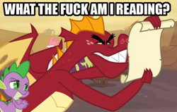 Size: 734x466 | Tagged: safe, edit, edited screencap, screencap, character:garble, character:spike, species:dragon, episode:dragon quest, g4, my little pony: friendship is magic, dialogue, image macro, male, scroll, vulgar, what the fuck am i reading