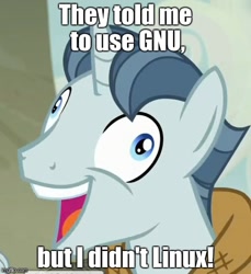 Size: 490x536 | Tagged: safe, edit, edited screencap, screencap, character:party favor, episode:the cutie map, g4, my little pony: friendship is magic, caption, derp, exploitable meme, gnu, i didn't listen, image macro, linux, meme, open mouth, pun, smiling, solo, wide eyes