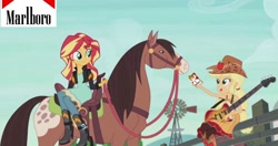 Size: 960x508 | Tagged: safe, edit, edited screencap, screencap, character:applejack, character:sunset shimmer, episode:friendship through the ages, g4, my little pony: equestria girls, my little pony:equestria girls, cigarette, clothing, country applejack, guitar, hat, hoers, horse, humans riding horses, lonestar, marlboro, sleeveless