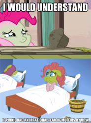 Size: 567x768 | Tagged: safe, edit, edited screencap, screencap, character:pinkie pie, species:pony, episode:applebuck season, episode:the cutie map, g4, my little pony: friendship is magic, baked bads, caption, cherry punch, female, green face, mare, meme, muffin, nauseous, sick, winnie the pink