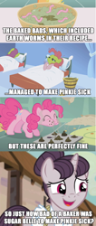 Size: 850x2000 | Tagged: safe, edit, edited screencap, screencap, character:applejack, character:pinkie pie, character:sugar belle, species:earth pony, species:pony, species:unicorn, episode:applebuck season, episode:call of the cutie, episode:the cutie map, g4, my little pony: friendship is magic, baked bads, bowl, cherry punch, earthworm, eating, equalized mane, eyes closed, female, image macro, mare, meme, sick, worm