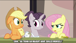 Size: 1280x720 | Tagged: safe, edit, edited screencap, screencap, character:applejack, character:fluttershy, character:sugar belle, episode:the cutie map, g4, my little pony: friendship is magic, accident, image macro, meme