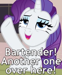 Size: 600x720 | Tagged: safe, edit, edited screencap, screencap, character:rarity, episode:the cutie map, g4, my little pony: friendship is magic, bedroom eyes, caption, drunk, drunk rarity, female, image macro, open mouth, raised hoof, sitting, solo, table