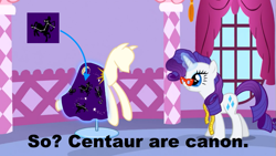 Size: 765x430 | Tagged: safe, edit, edited screencap, screencap, character:rarity, species:centaur, species:pony, species:unicorn, episode:suited for success, g4, my little pony: friendship is magic, engrish, female, glasses, image macro, magic, mare, measuring tape, meme, observation, op is a slowpoke, ponyquin, slowpoke, telekinesis