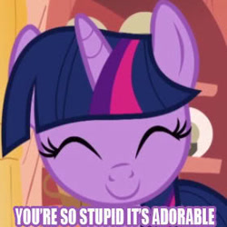 Size: 280x280 | Tagged: safe, edit, edited screencap, screencap, character:twilight sparkle, species:pony, species:unicorn, g4, cropped, eyes closed, female, image macro, mare, meme, reaction image, smiling, solo, text