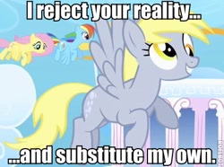 Size: 430x320 | Tagged: safe, edit, edited screencap, screencap, character:derpy hooves, character:fluttershy, character:rainbow dash, species:pegasus, species:pony, g4, adam savage, cloudsdale, female, i reject your reality and substitute my own, image macro, mare, meme, mythbusters, text, the dungeonmaster