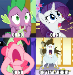 Size: 708x720 | Tagged: safe, edit, edited screencap, screencap, character:bulk biceps, character:pinkie pie, character:rarity, character:spike, episode:castle sweet castle, g4, my little pony: friendship is magic, caption, family guy, image macro, kool-aid man, meme, parody