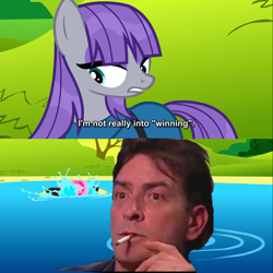 Size: 1280x1280 | Tagged: safe, edit, edited screencap, screencap, character:maud pie, character:pinkie pie, species:earth pony, species:human, species:pony, charlie sheen, cigarette, comic, female, image macro, male, mare, meme, smoking, winning