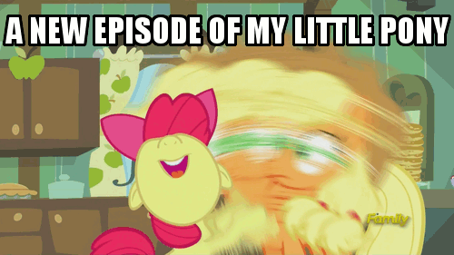 Size: 500x281 | Tagged: safe, edit, edited screencap, screencap, character:apple bloom, character:applejack, species:earth pony, species:pony, episode:bloom and gloom, g4, my little pony: friendship is magic, animated, female, filly, hype, image macro, mare, meme