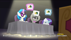 Size: 1280x720 | Tagged: safe, edit, screencap, character:dj pon-3, character:octavia melody, character:rarity, character:vinyl scratch, species:duck, episode:bloom and gloom, g4, my little pony: friendship is magic, discovery family logo, exploitable meme, in-joke, magic, magic aura, meme, music judges meme, op is a duck (reaction image), reaction image, vinyl and octavia are not impressed