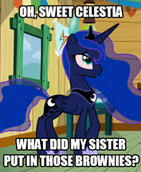 Size: 440x540 | Tagged: safe, edit, screencap, character:princess luna, episode:bloom and gloom, g4, my little pony: friendship is magic, drugs, high, image macro, meme, red eyes, stoned