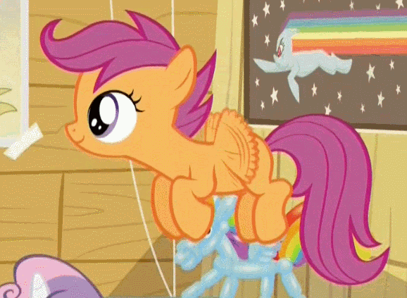 Size: 578x423 | Tagged: safe, edit, edited screencap, screencap, character:scootaloo, species:pegasus, species:pony, episode:bloom and gloom, g4, my little pony: friendship is magic, animated, balloon rainbow dash, cute, cutealoo, flying, loop, lucid dreaming, nyan dash, scootaloo can fly