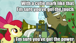 Size: 960x540 | Tagged: safe, edit, edited screencap, screencap, character:apple bloom, species:earth pony, species:pony, episode:bloom and gloom, g4, my little pony: friendship is magic, cropped, cutie mark, duo, female, filly, foal, image macro, male, max raid, meme, pest control gear, pest control pony, pest pony, stallion, stan bush, the touch