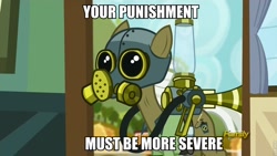 Size: 960x540 | Tagged: safe, edit, edited screencap, screencap, species:earth pony, species:pony, episode:bloom and gloom, g4, my little pony: friendship is magic, bane, baneposting, cropped, discovery family, discovery family logo, mask, max raid, pest control gear, pest control pony, roflbot, solo, the dark knight rises