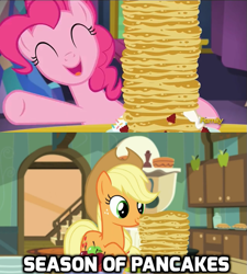 Size: 633x702 | Tagged: safe, edit, screencap, character:applejack, character:pinkie pie, episode:bloom and gloom, episode:castle sweet castle, g4, my little pony: friendship is magic, caption, image macro, pancakes