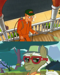 Size: 414x524 | Tagged: safe, edit, edited screencap, screencap, species:human, species:pony, episode:bloom and gloom, g4, my little pony: friendship is magic, cigarette, comparison, cropped, dale gribble, exterminator, glasses, king of the hill, max raid, pest control pony, smoking, solo