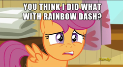 Size: 610x335 | Tagged: safe, edit, edited screencap, screencap, character:scootaloo, species:pegasus, species:pony, caption, discovery family logo, female, filly, foal, image macro, meme