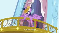 Size: 1280x720 | Tagged: safe, edit, edited screencap, screencap, character:twilight sparkle, character:twilight sparkle (alicorn), species:alicorn, species:pony, episode:castle sweet castle, g4, my little pony: friendship is magic, balcony, bipedal leaning, female, french, horn impalement, i'm pancake, mare, meme, pancakes, smiling, solo, spread wings, wings