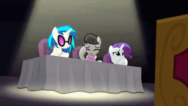 Size: 640x360 | Tagged: safe, edit, screencap, character:dj pon-3, character:octavia melody, character:rarity, character:vinyl scratch, episode:bloom and gloom, g4, my little pony: friendship is magic, 10/10, animated, exploitable meme, ign, meme, music judges meme, vinyl and octavia are not impressed
